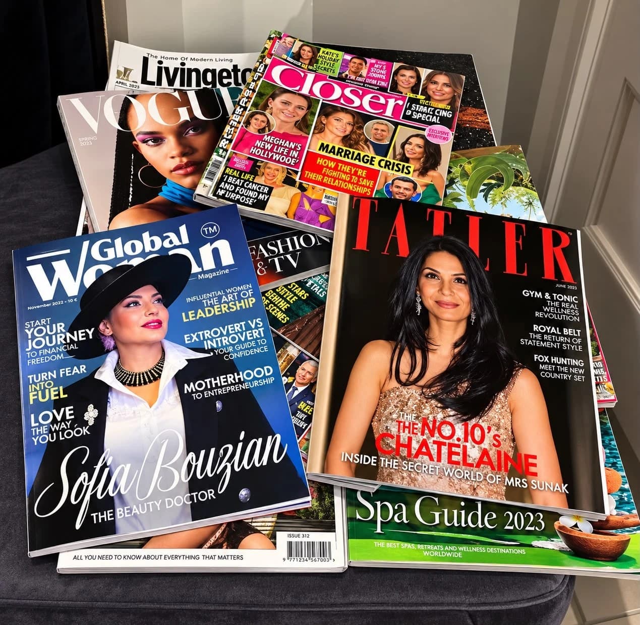 Global Woman Magazine featuring Sofia Bouzian alongside other magazines