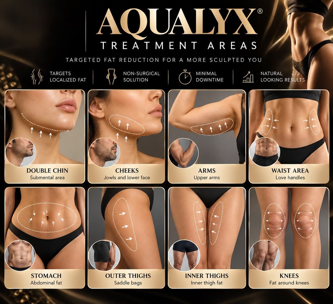 Aqualyx treatment areas — double chin, cheeks, arms, waist, stomach, outer thighs, inner thighs and knees