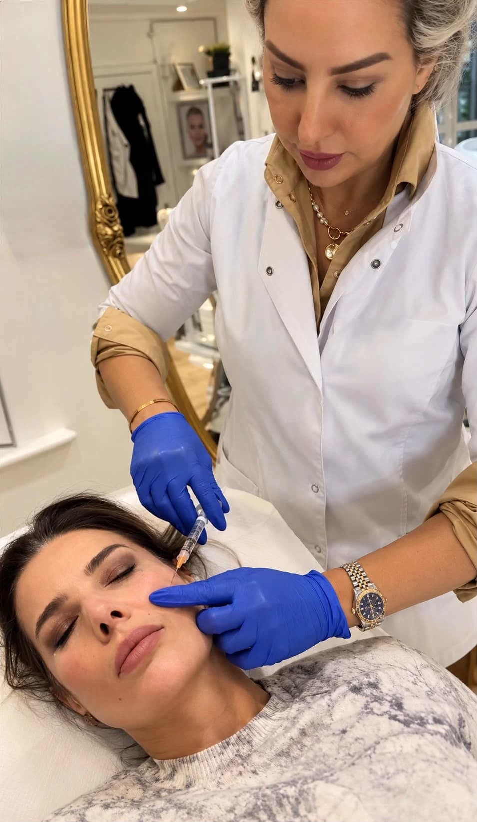 Dr Sofia carefully placing dermal filler in the cheek