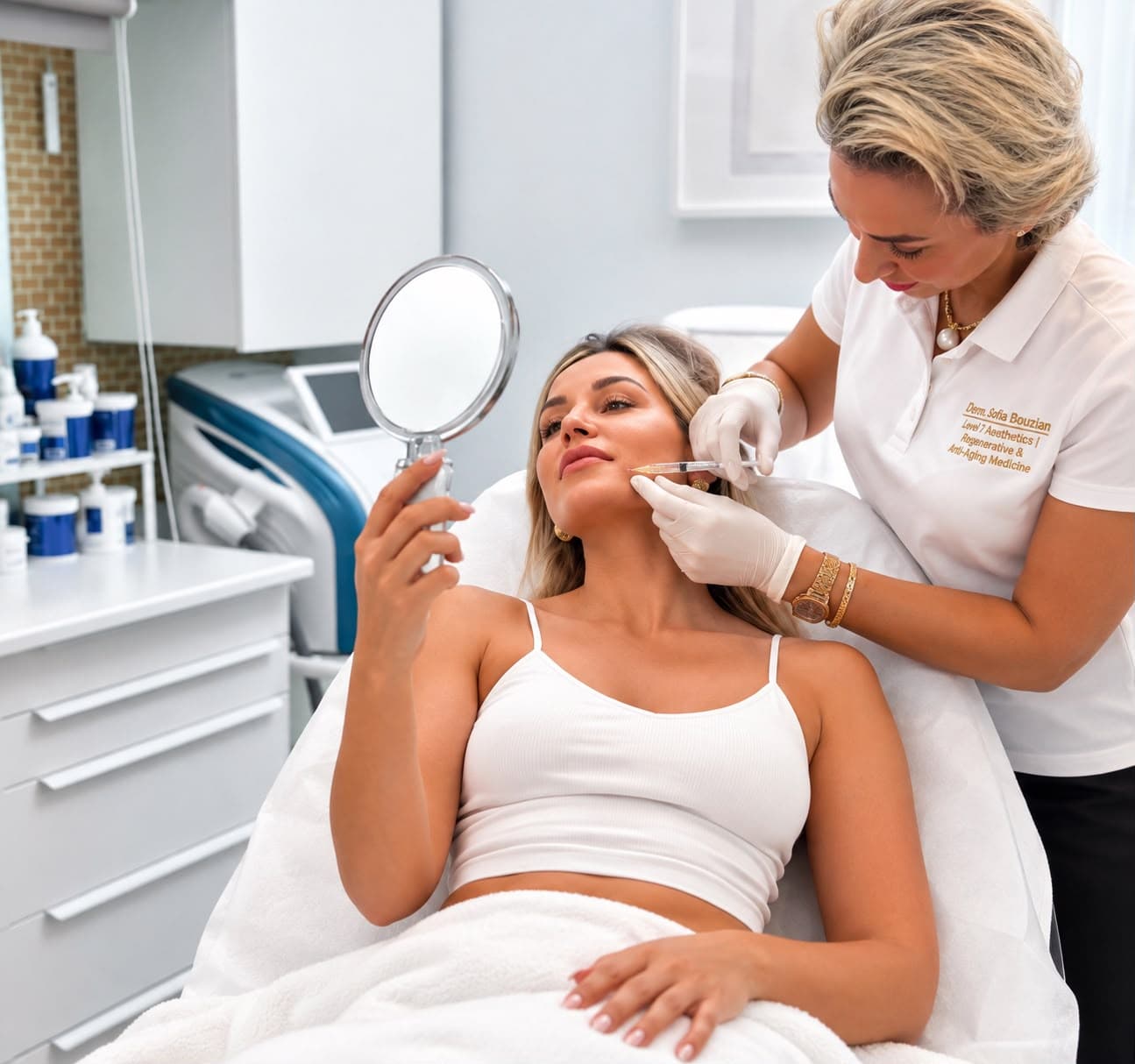 Dr Sofia placing dermal filler while the patient watches in a hand mirror
