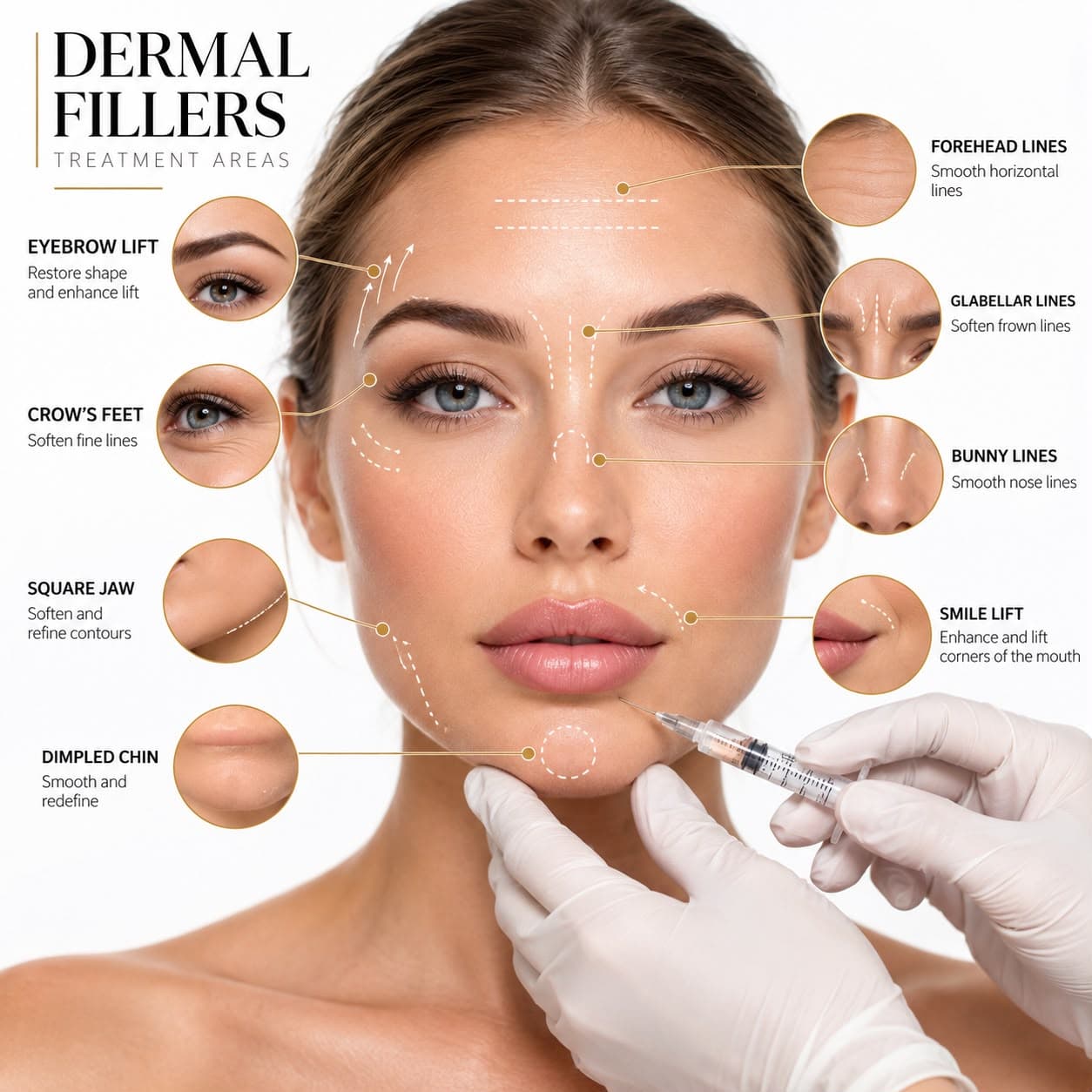 Dermal fillers treatment areas — eyebrow lift, crow's feet, square jaw, dimpled chin, forehead lines, glabellar lines, bunny lines and smile lift