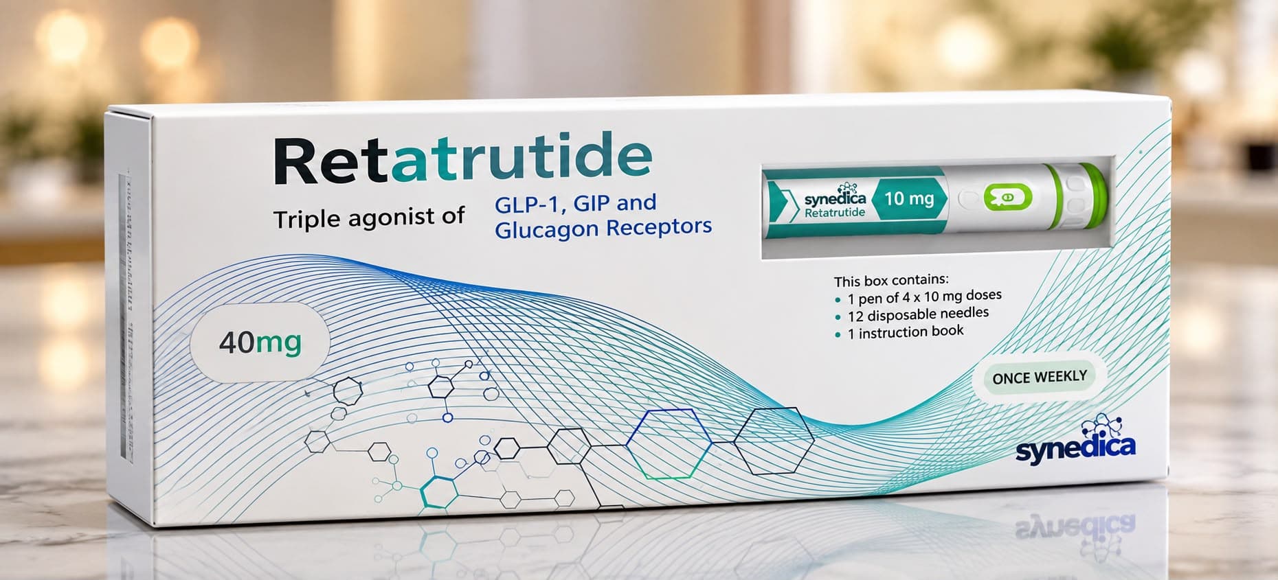 Retatrutide 40mg injection pen kit — an investigational once-weekly triple agonist of GLP-1, GIP and glucagon receptors