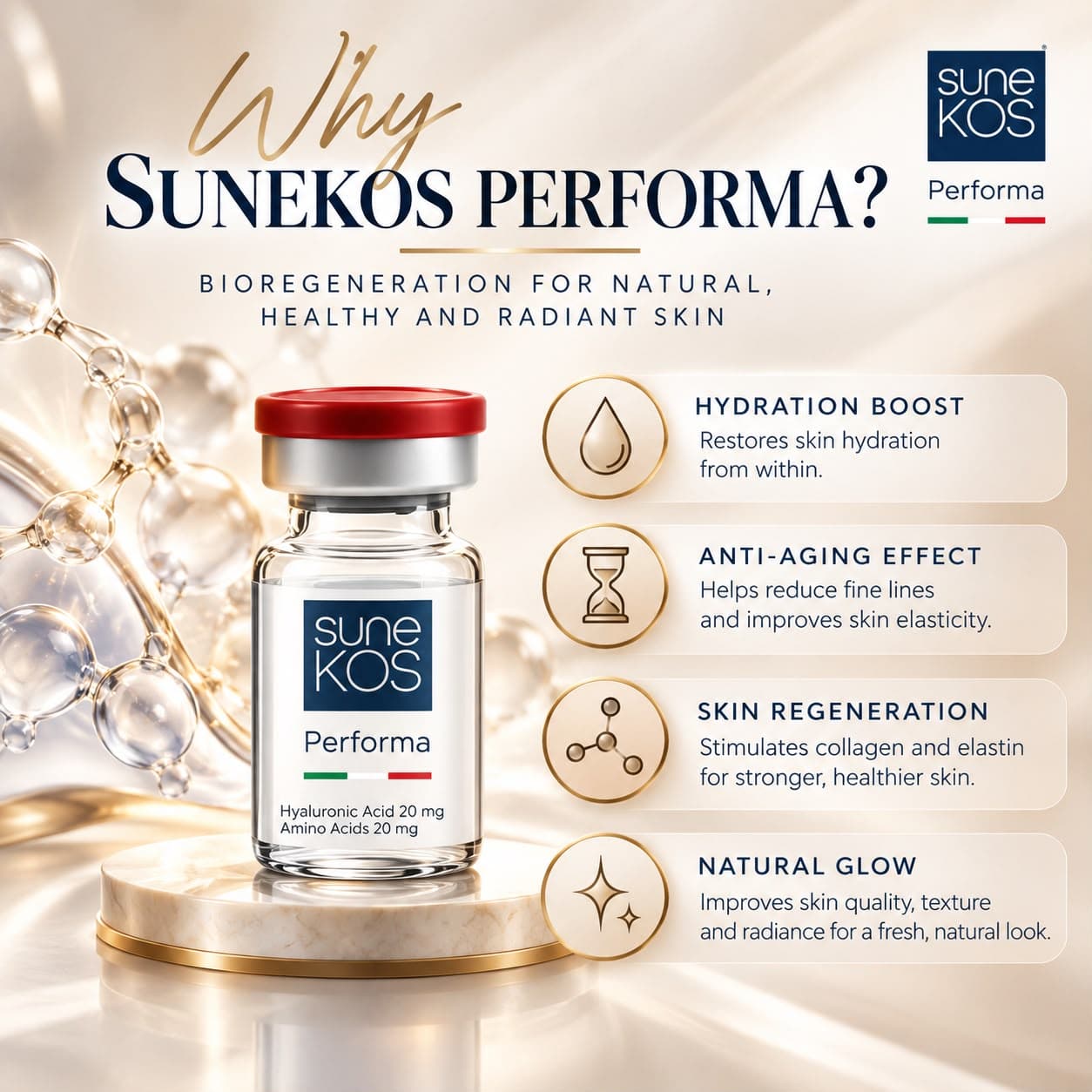 Why Sunekos Performa? Hydration boost, anti-aging effect, skin regeneration and natural glow