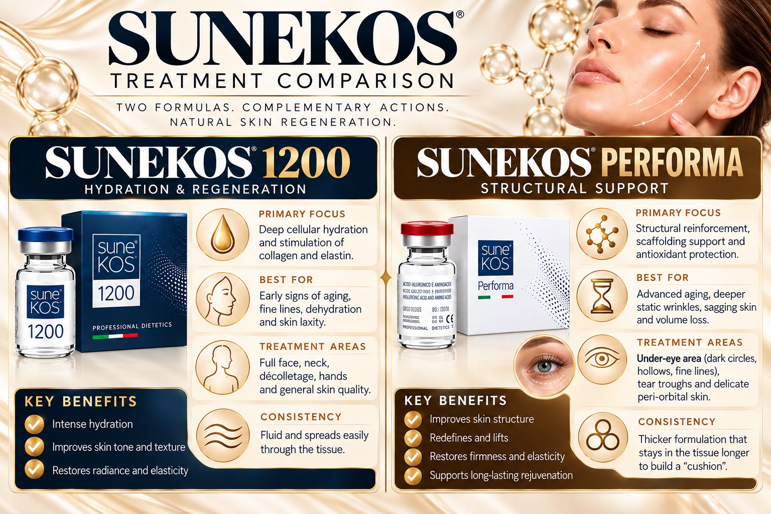 Sunekos treatment comparison — Sunekos 1200 vs Sunekos Performa: primary focus, best for, treatment areas and consistency
