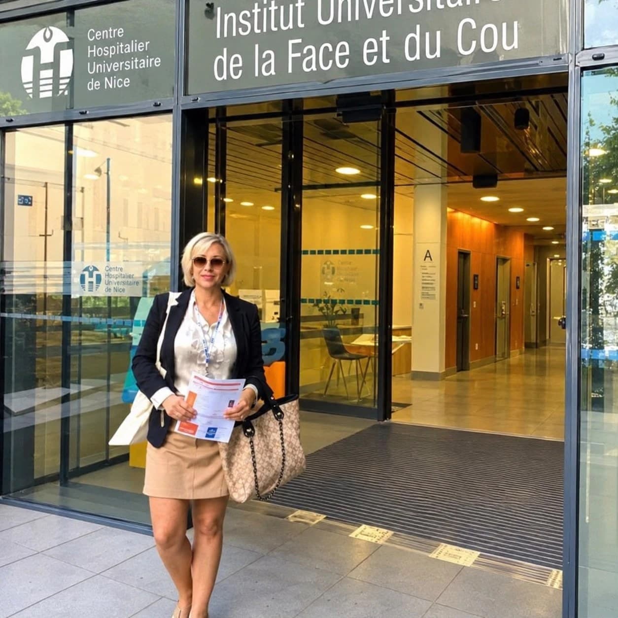 Sofia Bouzian outside the Institut Universitaire de la Face et du Cou, Nice