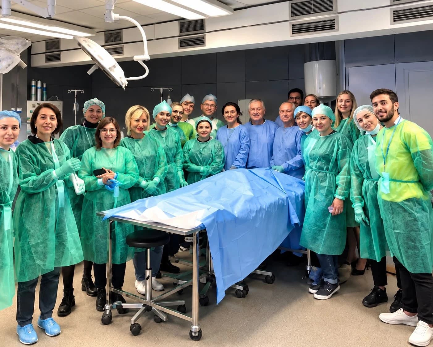 Anatomy laboratory training group in surgical gowns