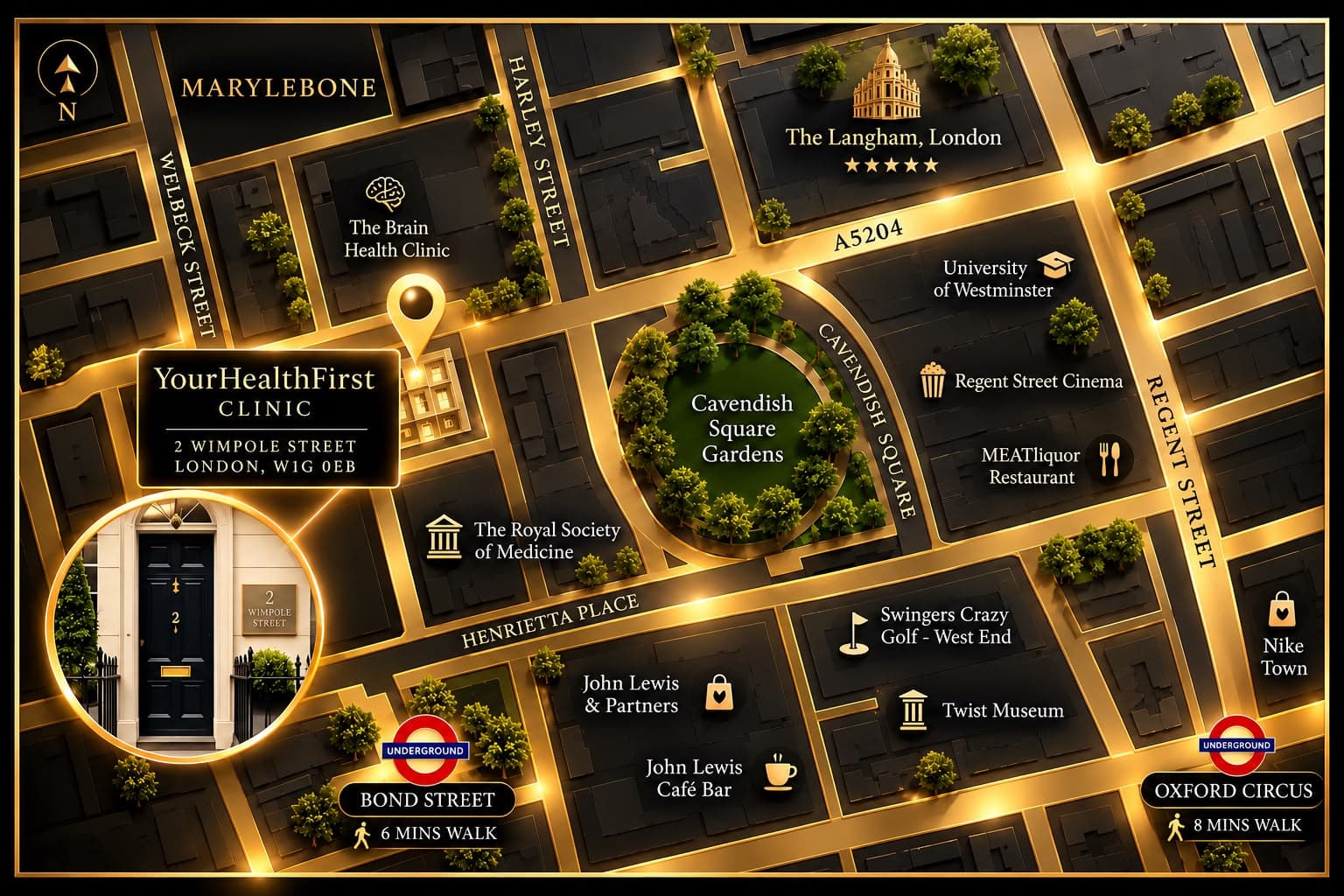 YourHealthFirst Clinic Location Map — 2 Wimpole Street, London W1G 0EB