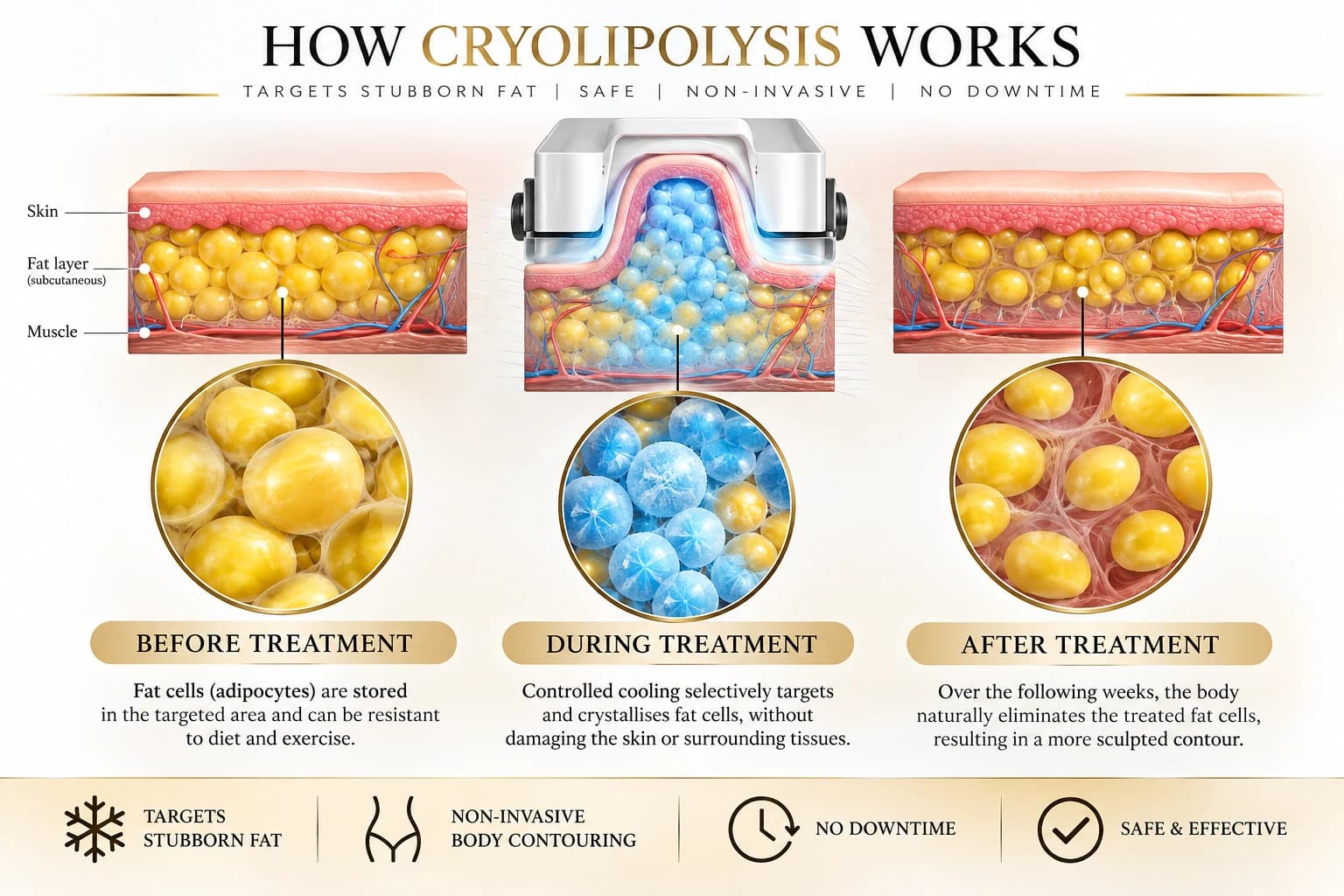 Cryolipolysis before, during and after treatment — skin, fat layer and muscle cross-section