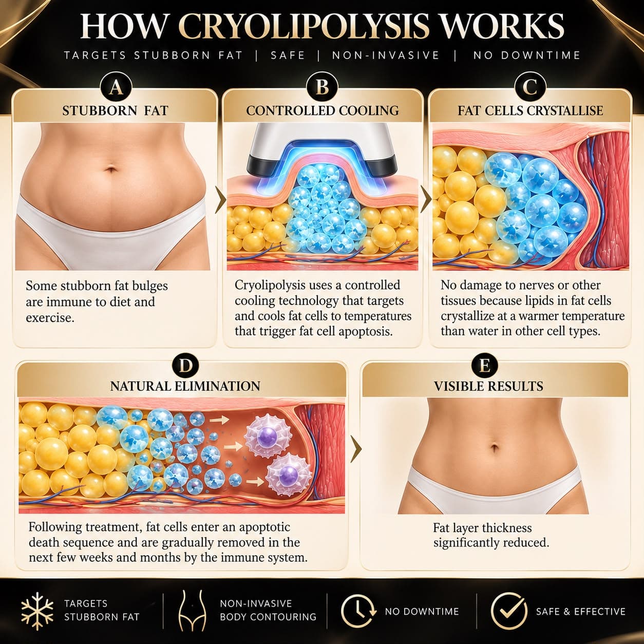 How Cryolipolysis Works — stubborn fat, controlled cooling, fat cells crystallise, natural elimination, visible results