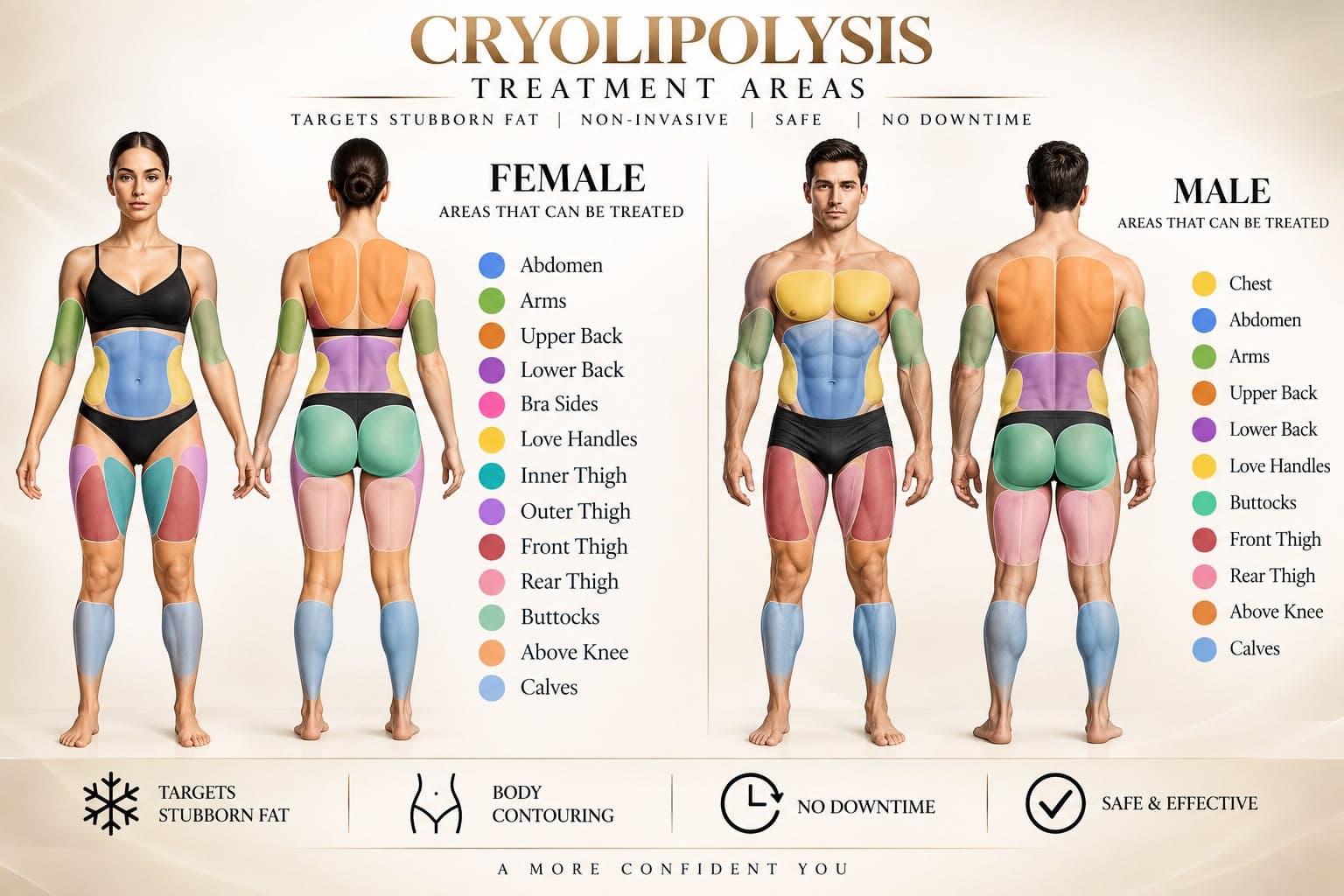 Cryolipolysis treatment areas — female and male