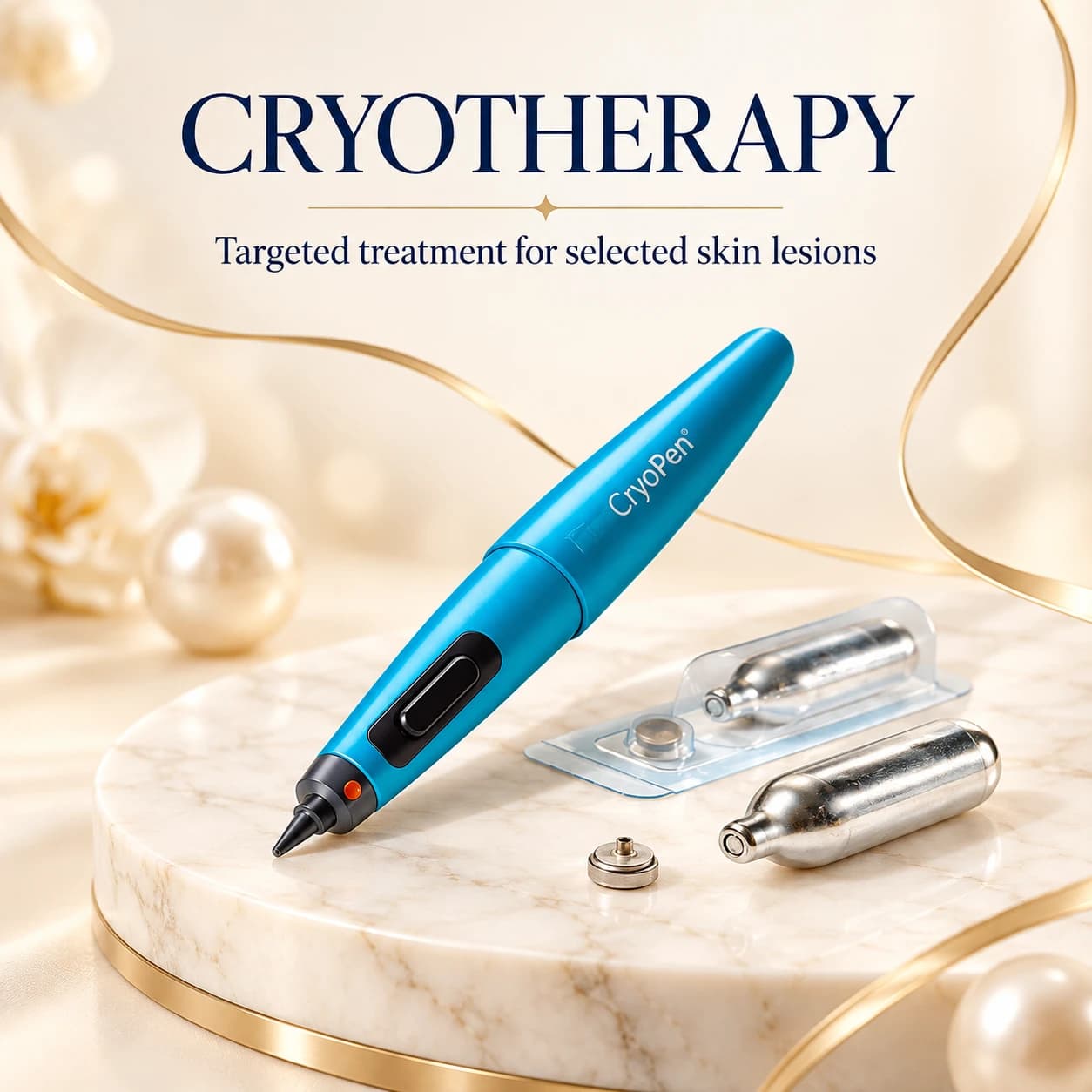 CryoPen device with its N2O gas cartridges — targeted treatment for selected skin lesions