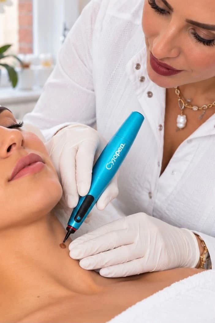 Sofia using the CryoPen device to treat a skin lesion near the neck