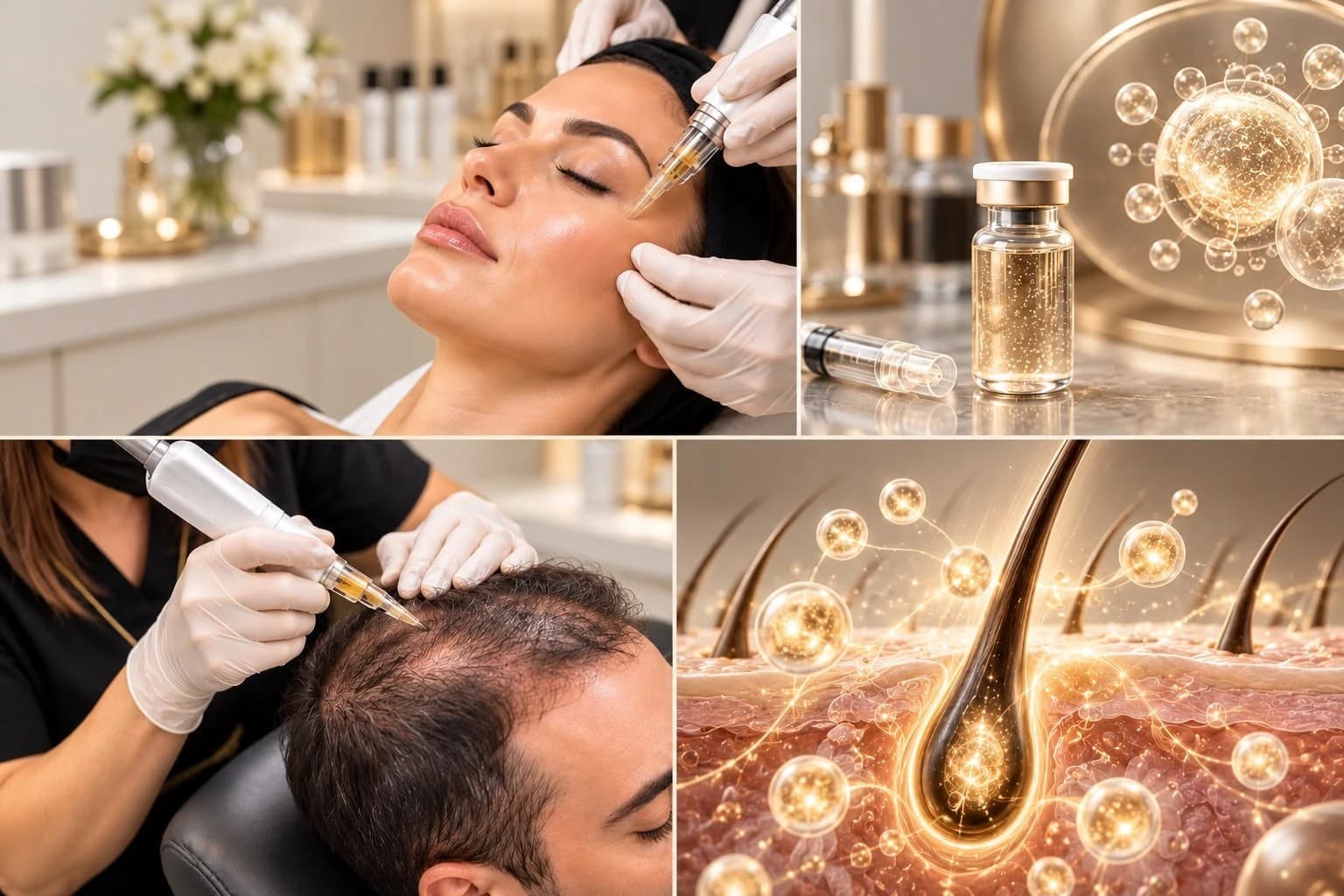 EXO OX exosome therapy — facial and scalp treatment with microneedling, exosome vial and hair-follicle illustration