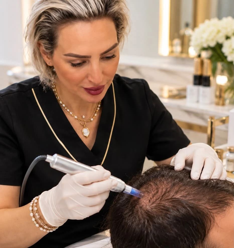 Sofia Bouzian administering EXO OX exosome therapy to the scalp