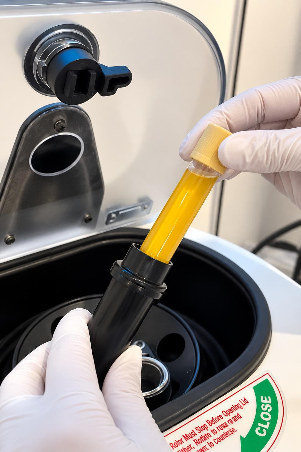 Blood sample being placed in the centrifuge at YourHealthFirst Clinic