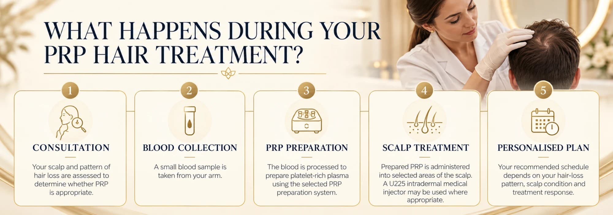 What happens during your PRP hair treatment — consultation, blood collection, PRP preparation, scalp treatment, personalised treatment plan