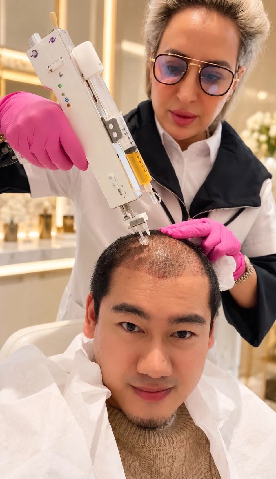 U225 intradermal injector being used to administer PRP to the scalp