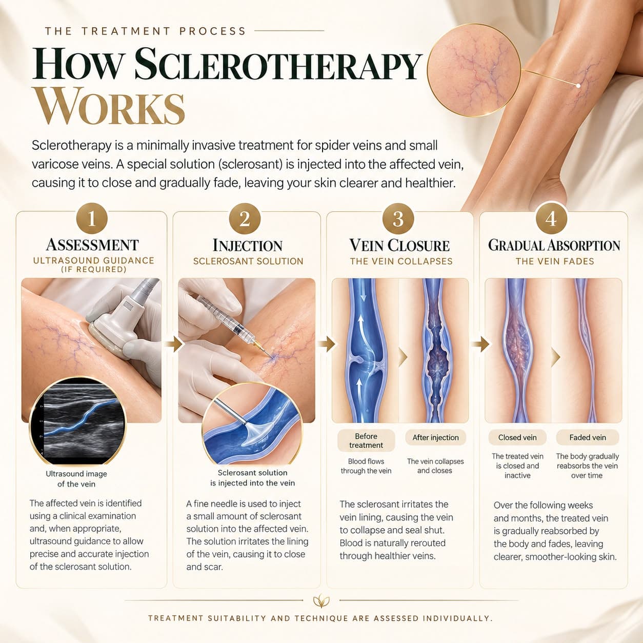 How sclerotherapy works — assessment, injection, vein closure and gradual absorption